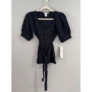 Nanette Lepore Black Sexy Samba Pullover Top Blouse Puff Sleeve Tie‎ Waist S